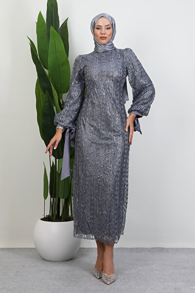 Lamia Giyim İnci Tesettür Abiye Koyu Gri