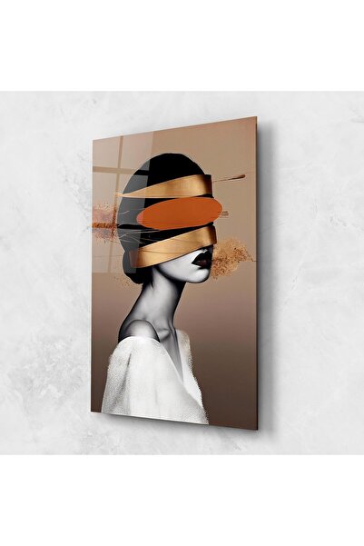 Arthub Tablou Sticla,Dormitor si Living, Abstract cu Linii, Woman With Gold Lines