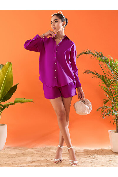 Uptownie By Styli Purple Plain Cotton Shirt and Shorts Co-Ords