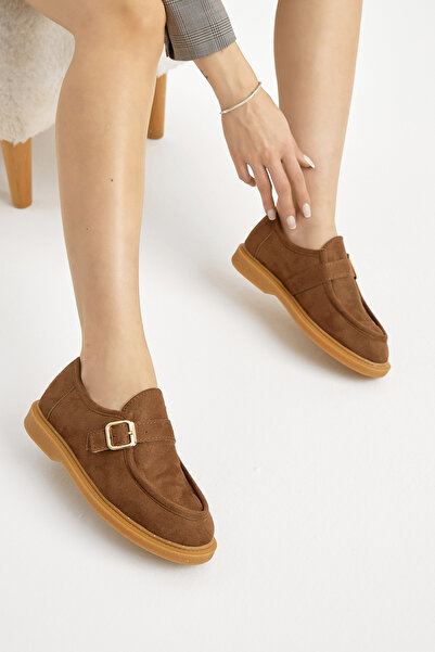 Tonny Black Women's Tan Thermo Sole Suede Look Buckle Casual Loafer