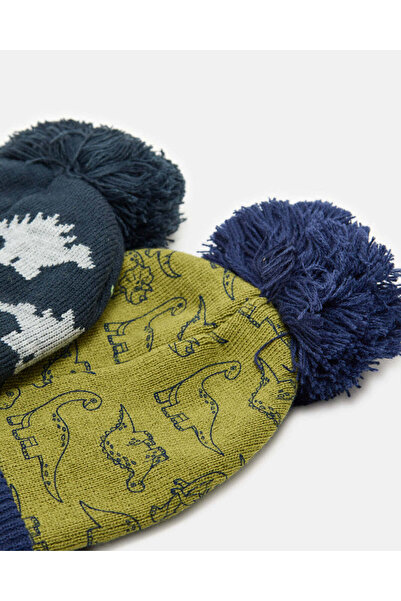 REDTAG Boys Green And Navy Knitted Cap Set (Pack Of 2)