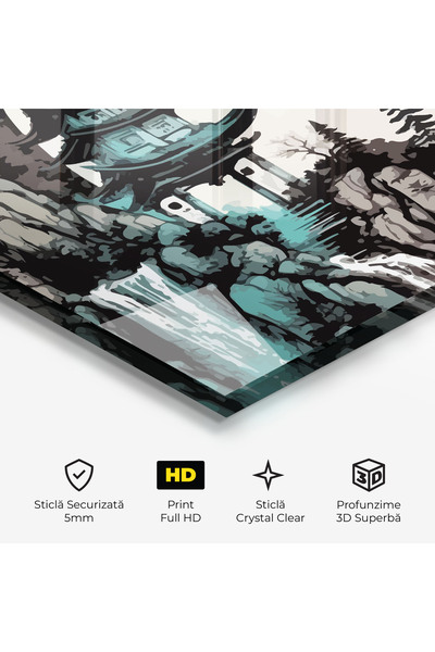 Arthub Glass Painting, Bedroom and Living Room, Asian, Blue Temple Art