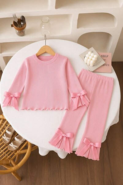 tunays shopping Girl's Ruffled Ribbon Detailed Ribbed Two-Piece Set (3-8 Years)