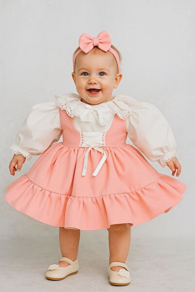 Hobidik Baby Salmon Color Ruffled Baby Girl Dress | Lace Collar and Balloon Sleeve Design