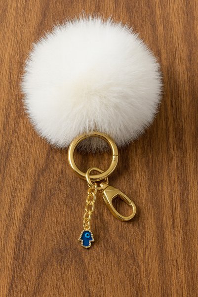 Homeland Plush Fluffy Pompom Puff White Furry Blue Evil Eye Beaded Home Office Car Wallet Bag Keychain