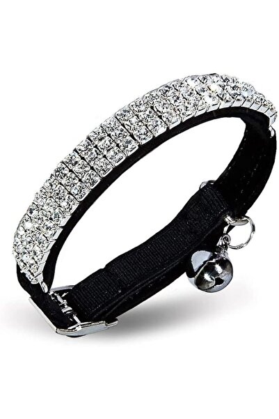 Best Ladies Adjustable Cat Collar Small Dog Collar with Bell Rhinestone Soft Velvet Pet Necklace - Black
