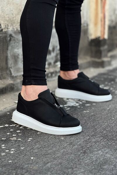 Lucy Shoes Yg010 Men's Casual Zippered Leather Sports Sneaker Shoes Cbt - Black