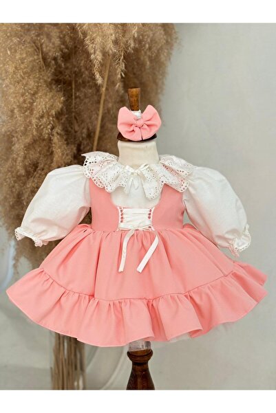 Hobidik Baby Salmon Color Ruffled Baby Girl Dress | Lace Collar and Balloon Sleeve Design