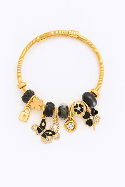 MakeWell سوار من الفولاذ المقاوم للصدأ بلون ذهبي مع تصميم نجمة وقلب وكرز للأطفال