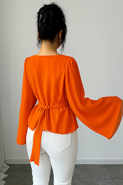 Deafox Orange Round Neck Detail Long Sleeve Self Belted Crepe Fabric Blouse