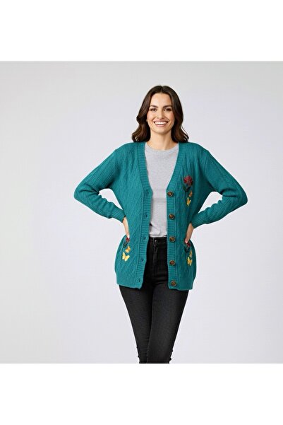 rushana Women's V-Neck Hair Braided Soft Textured Knitwear Cardigan