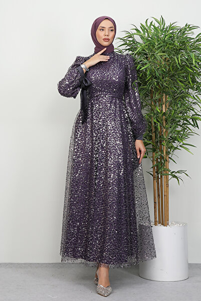 Lamia Giyim Betül Tesettür Abiye Koyu Lila