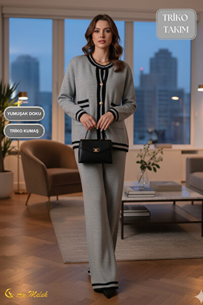 AYMELEK Women's Knitwear Set Striped Detail Button Cardigan and Pants Bottom Top Set