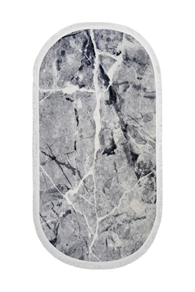 Dijidekor Digital Oval Fringed Carpet Modern Designed Gray Color Erasable 160X200