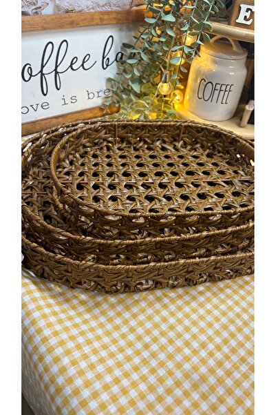 zeynepin dükkanı Oval 3 lü rattan çay kahve sunum servis tepsisi