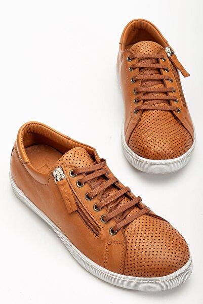 Hayalimdeki Ayakkabı Women's Tan Genuine Leather Perforated Sports Shoes