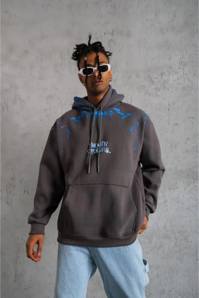 By Sevilen Collection Eyesof Men's Lightning Printed Hooded Sweatshirt - Gray