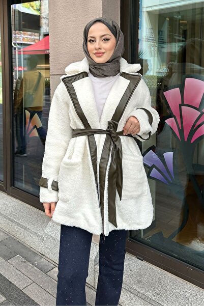 Gülşah collection Leather Garnished Velsoft Coat - Khaki