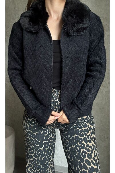 Aure Store Yumuşak Dokulu Kürk Yakalı Triko Ceket