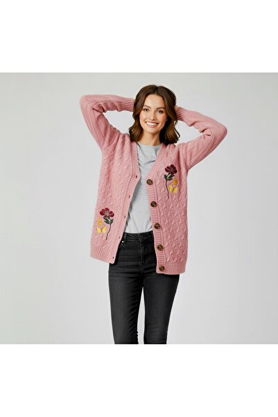 rushana Women's V-Neck Hair Braided Soft Textured Knitwear Cardigan