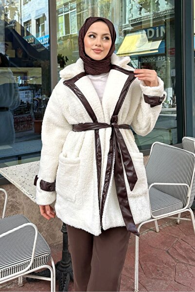 Gülşah collection Leather Garnished Velsoft Coat - Brown