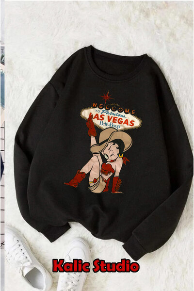 Kalic Studio Betty Boop Las Vegas pulover supradimensionat cu guler rotund negru