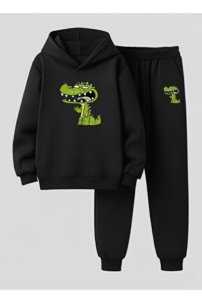LORVEX Children's Hooded Set Greeting Crocodile B Printed 3 Thread Şa Fleece-...