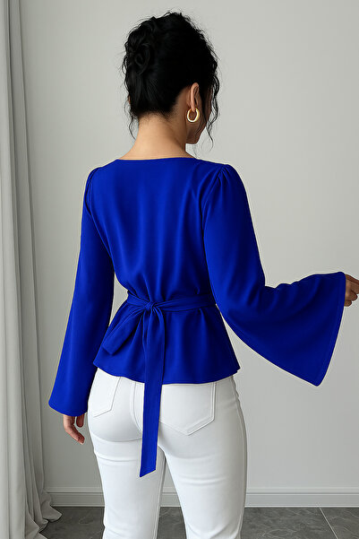 Deafox Cobalt Blue Round Neck Detail Long Sleeve Self Belted Crepe Fabric Blouse