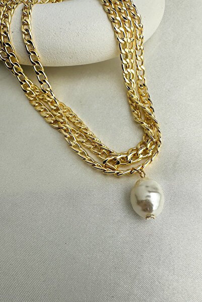 Modex Gold Yellow Multi Chain Baroque Pearl Detail Necklace (40+5cm)