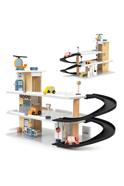 LikeSmart Wood CityGarage Wooden Car Garage with Lift, 3 Levels, Ramp; includes 3 Cars & Helicopter