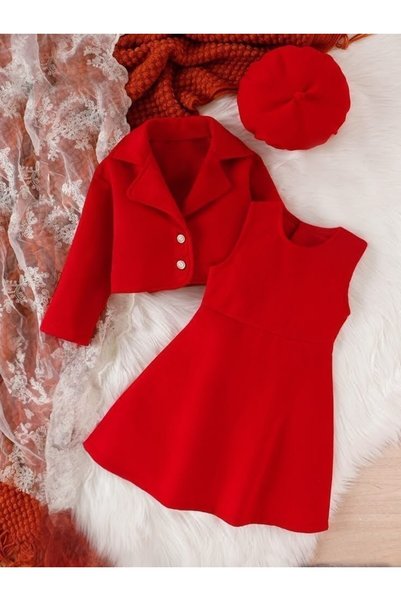 shop Jachetă roșie, rochie, pălărie, set de 3 piese, nou sitil