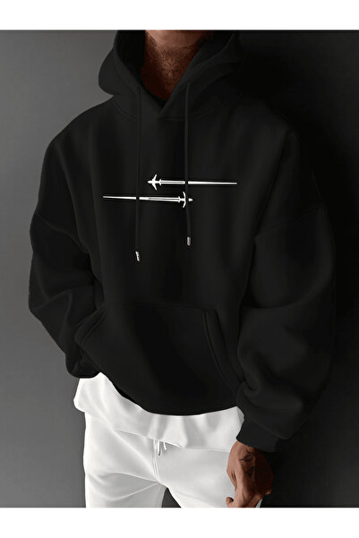 Soothing Space سويت شيرت للجنسين قصة فضفاضة بغطاء رأس بنمط طائرة