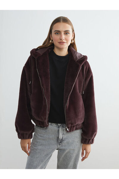 LC Waikiki Claret Red Hooded Women's Fur Jacket
