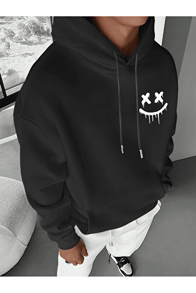 Soothing Space سويت شيرت للجنسين قصة فضفاضة بغطاء رأس مزخرف بوجه مبتسم