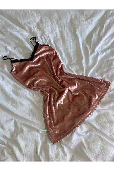 Markasız ucuz Pudra Tül Detaylı Kadife Kadın Babydoll Gecelik