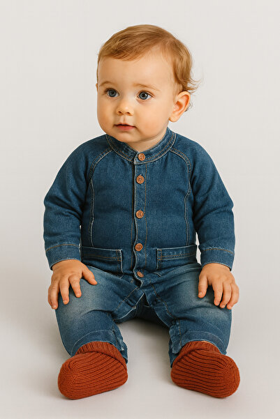 Necix's Erkek Bebek/Çocuk Uzun Kollu Kot (Denim) Bebek Tulumu