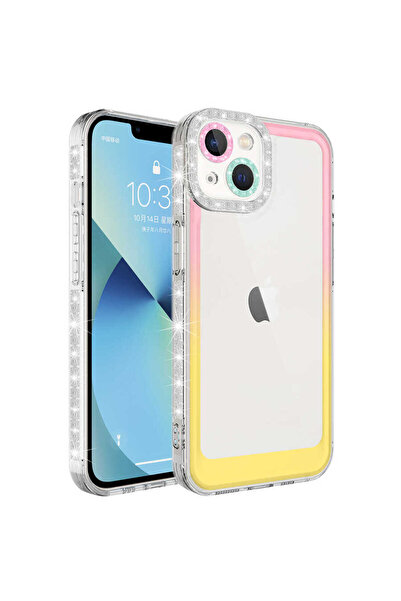 zore iPhone 14 Plus Compatible Lsenk Protected Senk Parking Case with Glitter and Color Transition Design-Pink-Yellow