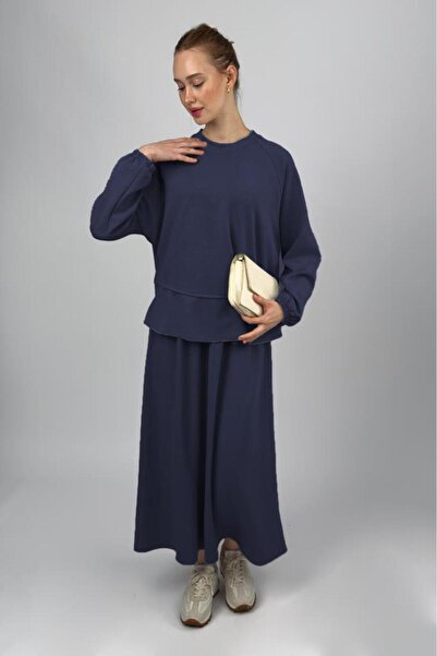 Betimoda Women's Soft Textured Modal Skirt Suit Navy Blue