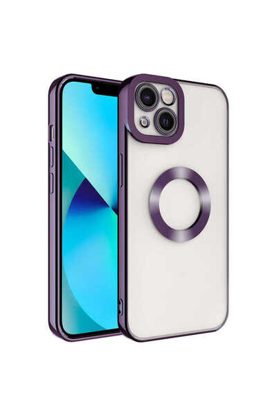 zore iPhone 13 Compatible Camera Protected Senk Omega Case with Logo - Deep Purple