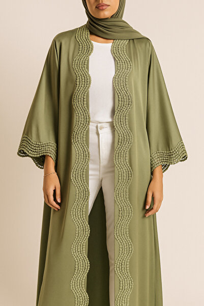 MayaCloset Premium Long Green Nidah Cap Ferace Abaya with Elegant Lace Trim