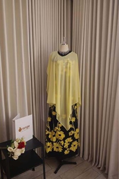 Orange Sequin Evening Dress with Raised Floral Applique