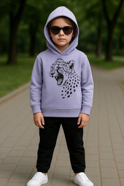 minikiss Hooded 3 Thread Ş Fleece-Lined 100% Cotton Boys' Bottom and Top Set