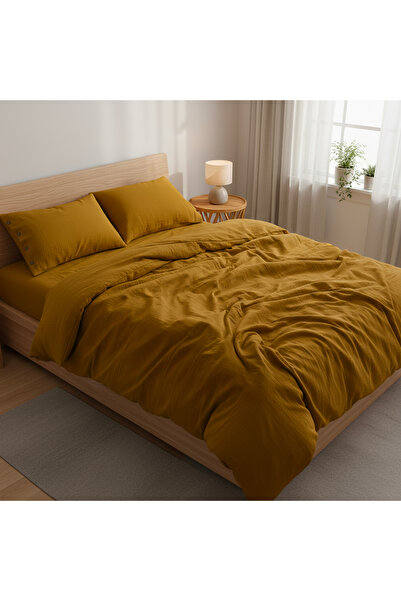 Befera Design Muslin 100% Cotton Double Size Washable Duvet Cover Set Iron-Free Mustard