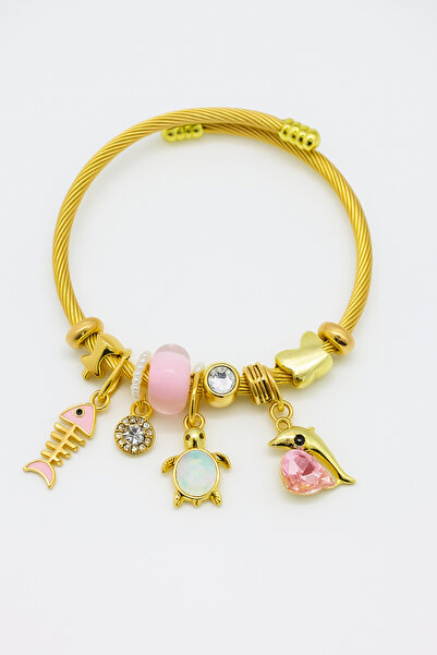 MakeWell سوار من الفولاذ المقاوم للصدأ بلون ذهبي مع تصميم قطة دولفين نجمية لل...