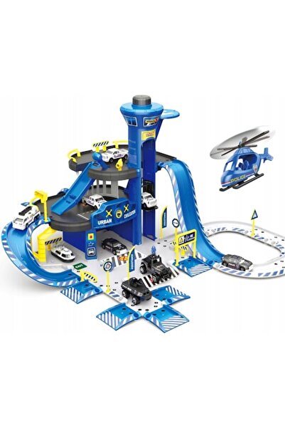 LikeSmart Car Garage Set with Police Station, 3 Levels, Mobile Lift, 2 Cars + Propeller