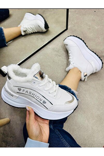 AĞCA Kadın Kışlık Yüksek Taban İçi Kürklü Bağcıklı Rahat Spor Ayakkabı Günlük Sneakers