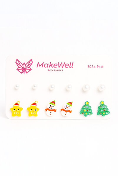 MakeWell New Year's Concept Colorful Earring Set with Snowman and Pine Tree Figures and Pearl Earrings
