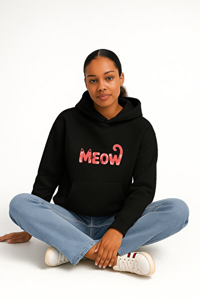 LORVEX Hanorac unisex supradimensionat cu imprimeu Meow în față tricou