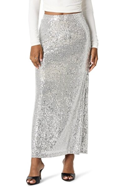 The Drop Adela women's sequin maxi skirt, silver, size M,
