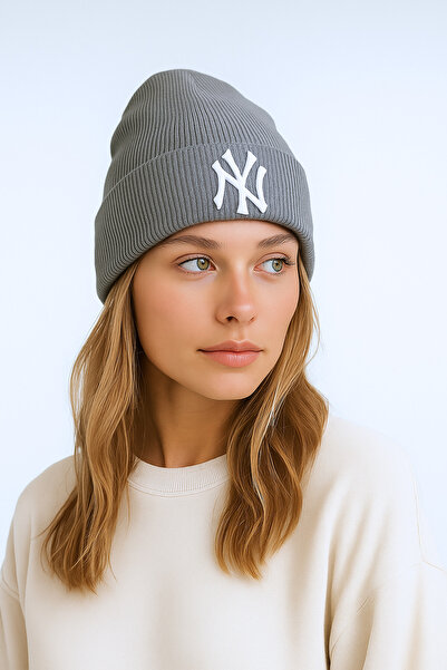 Verahed Ny New York Embroidered Soft Textured Unisex Winter Hat Acrylic Gray Color Knitwear Beanie